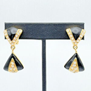 Vintage Monet Enamel Rhinestone Earrings Black Clip On Dangle Signed 80s Classic